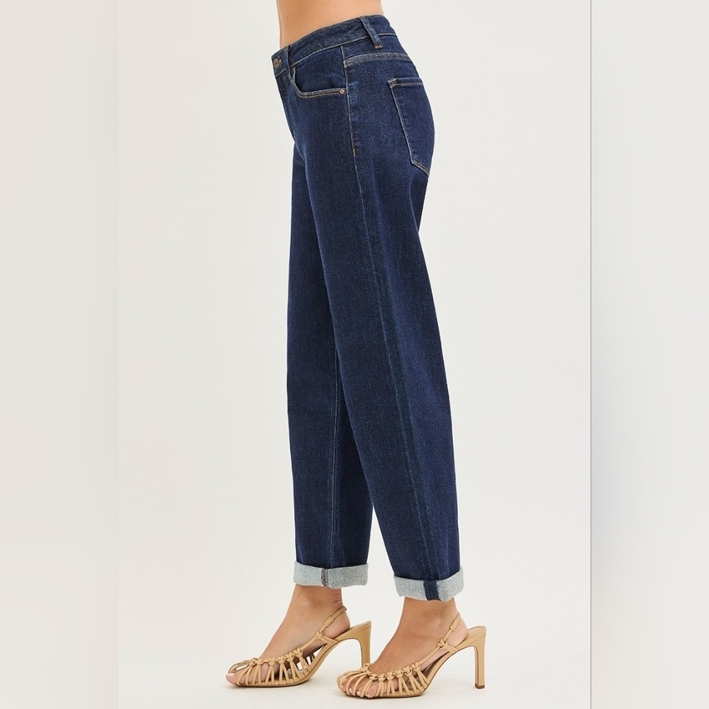 RISEN HR Deep Dark Wash Slouchy Boyfriend Jeans Cuffed Relaxed Stretch Various - Picture 7 of 12